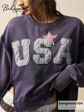 NWOT Bohemela Women's Blue USA Appliqué Pullover Sweatshirt, Size Large